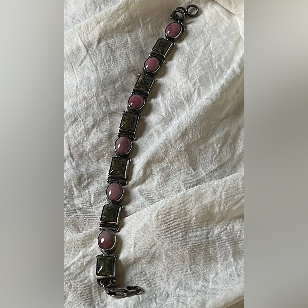 Vintage SAJEN Rhodochrosite & Moss Agate Sterling Silver Bracelet